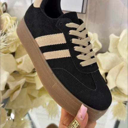 Damskie Sneakersy na Platformie – Czarne z Beżowymi Paskami
