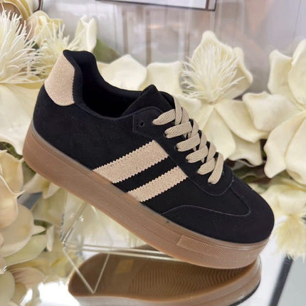 Damskie Sneakersy na Platformie – Czarne z Beżowymi Paskami