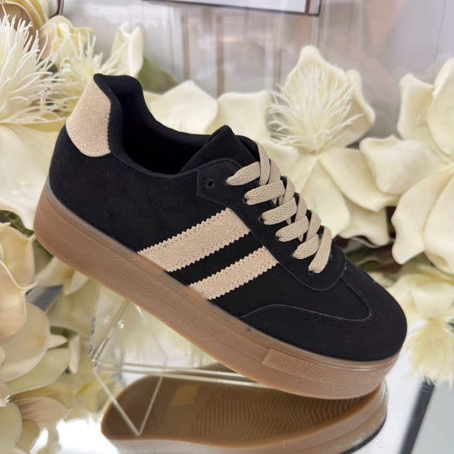 Damskie Sneakersy na Platformie – Czarne z Beżowymi Paskami