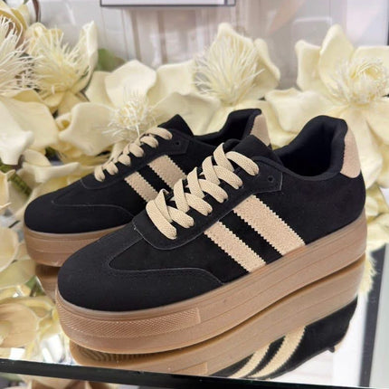 Damskie Sneakersy na Platformie – Czarne z Beżowymi Paskami