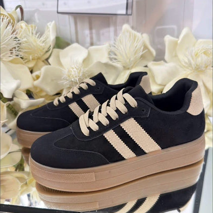 Damskie Sneakersy na Platformie – Czarne z Beżowymi Paskami