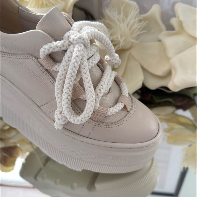 Kampa Damskie Sneakersy Skórzane na Platformie – Beżowe | Polski Producent