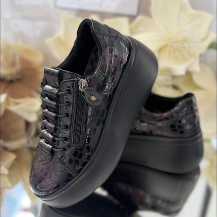 Goodin Damskie Sneakersy Skórzane Lakierowane – Czarne