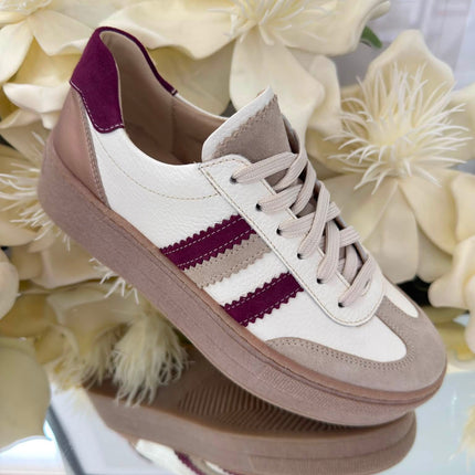 Kampa Damskie Sneakersy Skórzane – Biało-Beżowe z Bordowymi Akcentami | Polski Producent