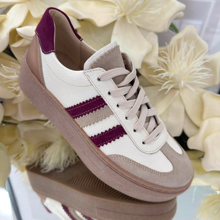 Kampa Damskie Sneakersy Skórzane – Biało-Beżowe z Bordowymi Akcentami | Polski Producent