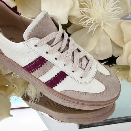 Kampa Damskie Sneakersy Skórzane – Biało-Beżowe z Bordowymi Akcentami | Polski Producent