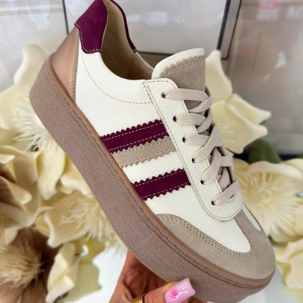 Kampa Damskie Sneakersy Skórzane – Biało-Beżowe z Bordowymi Akcentami | Polski Producent