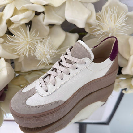 Kampa Damskie Sneakersy Skórzane – Biało-Beżowe z Bordowymi Akcentami | Polski Producent